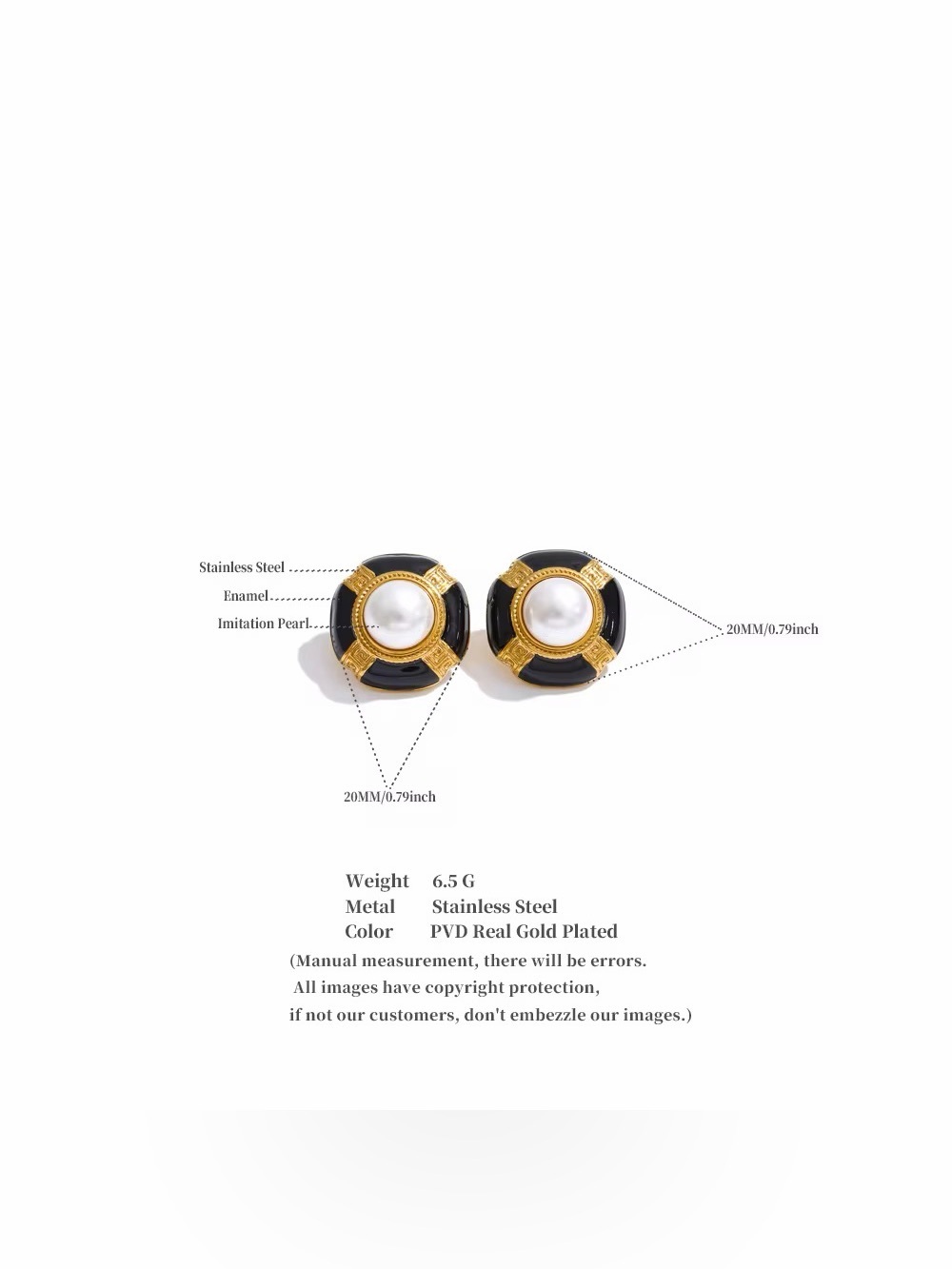 Vintage Black Enamel & Pearl Stud Earrings – PVD Gold Plated Stainless Steel - Picture 2 of 6
